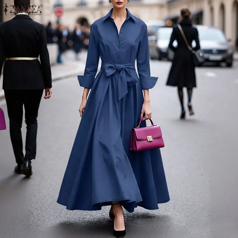 ZANZEA Elegant Lapel Neck Long Sleeve OL Dress Fashion Women Dresses 2026 Spring Solid Belted Robe Stylish A Line Work Sundress
