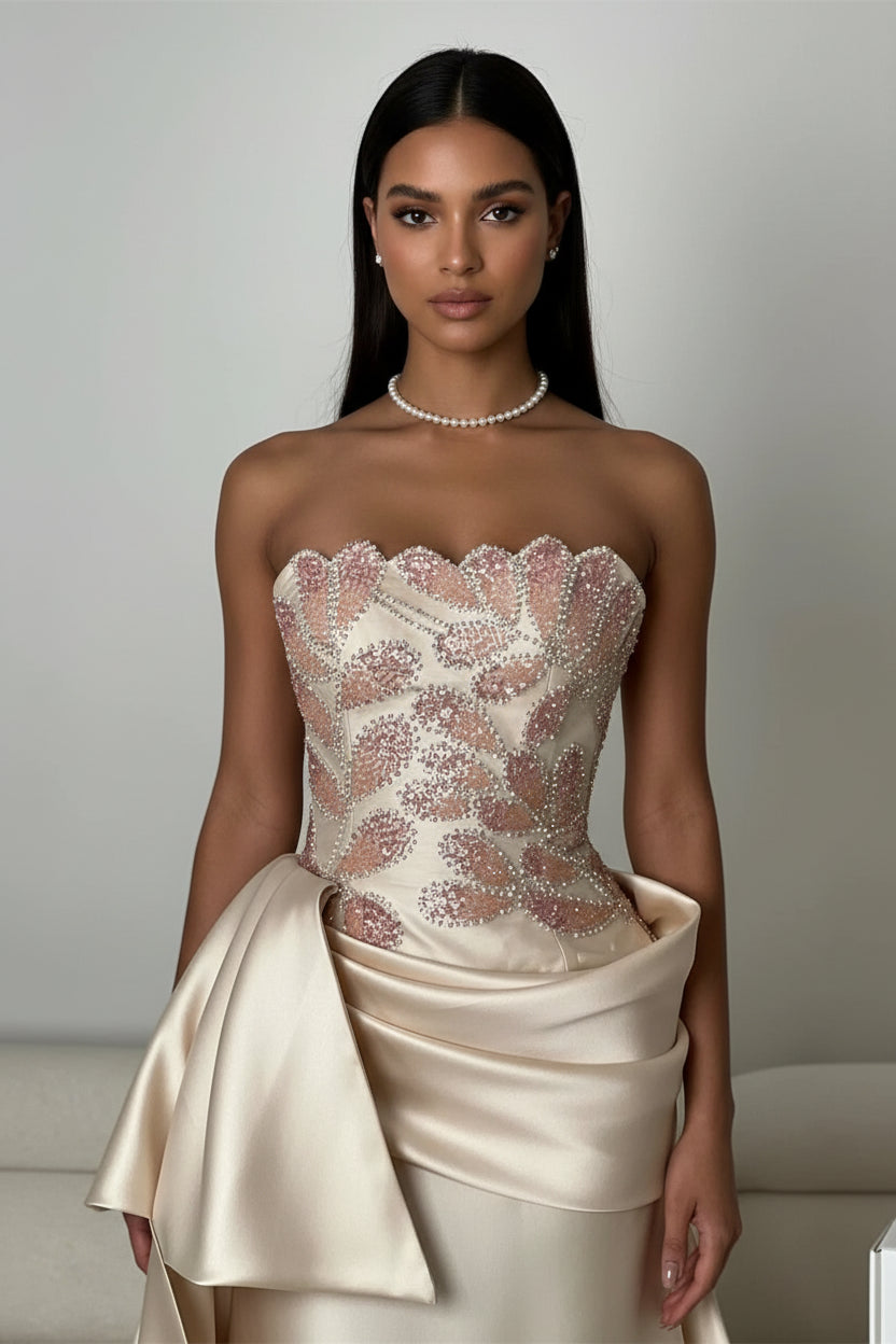 Beaded Rhinestone Strapless A-Line Evening Dress – Ruched, Custom