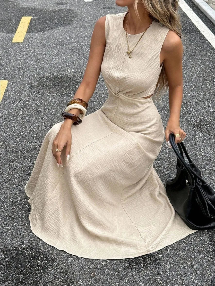Hollow Out Pleated Tank Midi Dress