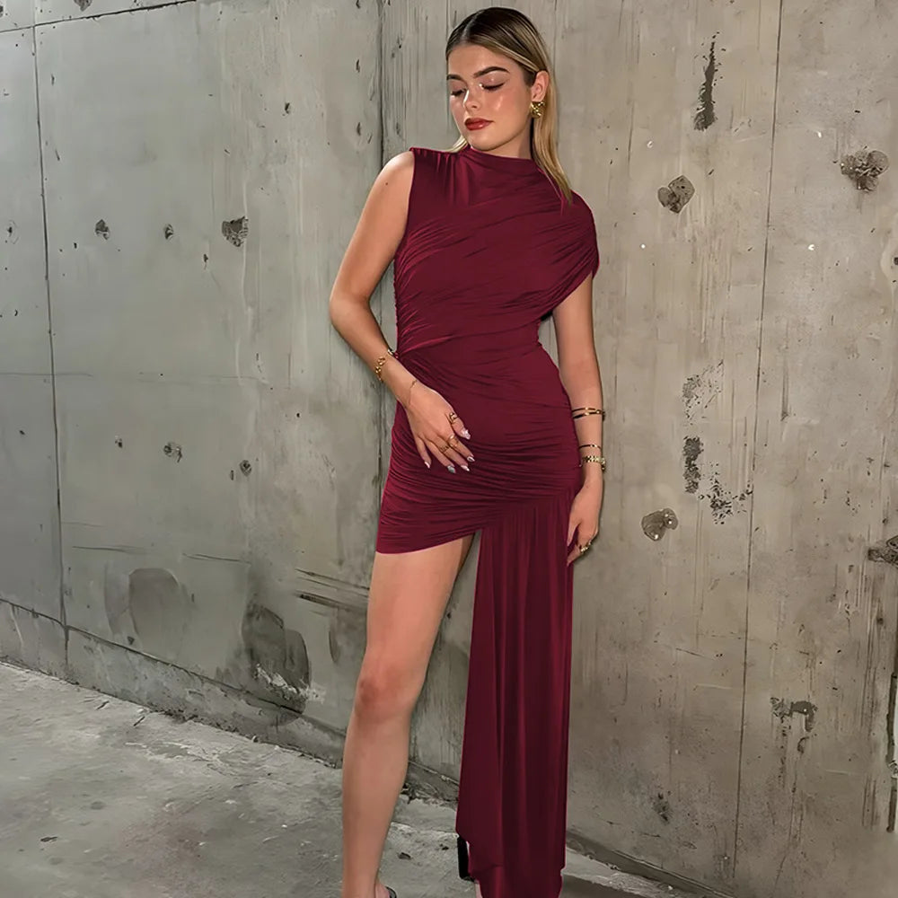 Irregular Draped Ruched Sleeveless Mini Dress