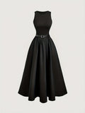 New Style Women's Dress, Professional Wear, Work Attire, Slim-Fit Dress, French Style, Elegant, Preppy Style, Sleeveless, Puffy Skirt, Long Dress, Solid Color, Women's Dress, Belt Not Included