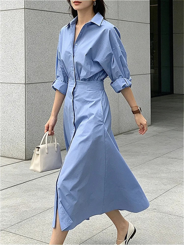 Puff Sleeve Casual Maxi Shirt Dress