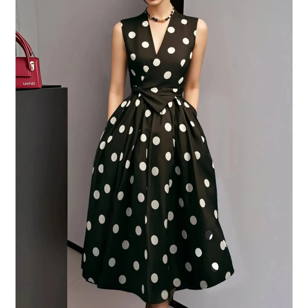 French Polka Dot Dress Summer Women's Fashion Retro Sexy V-neck Sleeveless Waist Tie Bow Long Dress Vestidos De Fiesta Elegantes