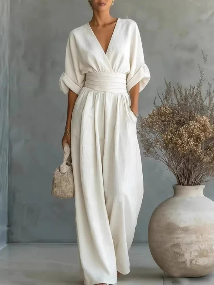 New Women's Jumpsuit Fashion High Waist V-neck Jumpsuits Solid Color Casual Office Wide Leg Trousers Overalls Vacation Outfit