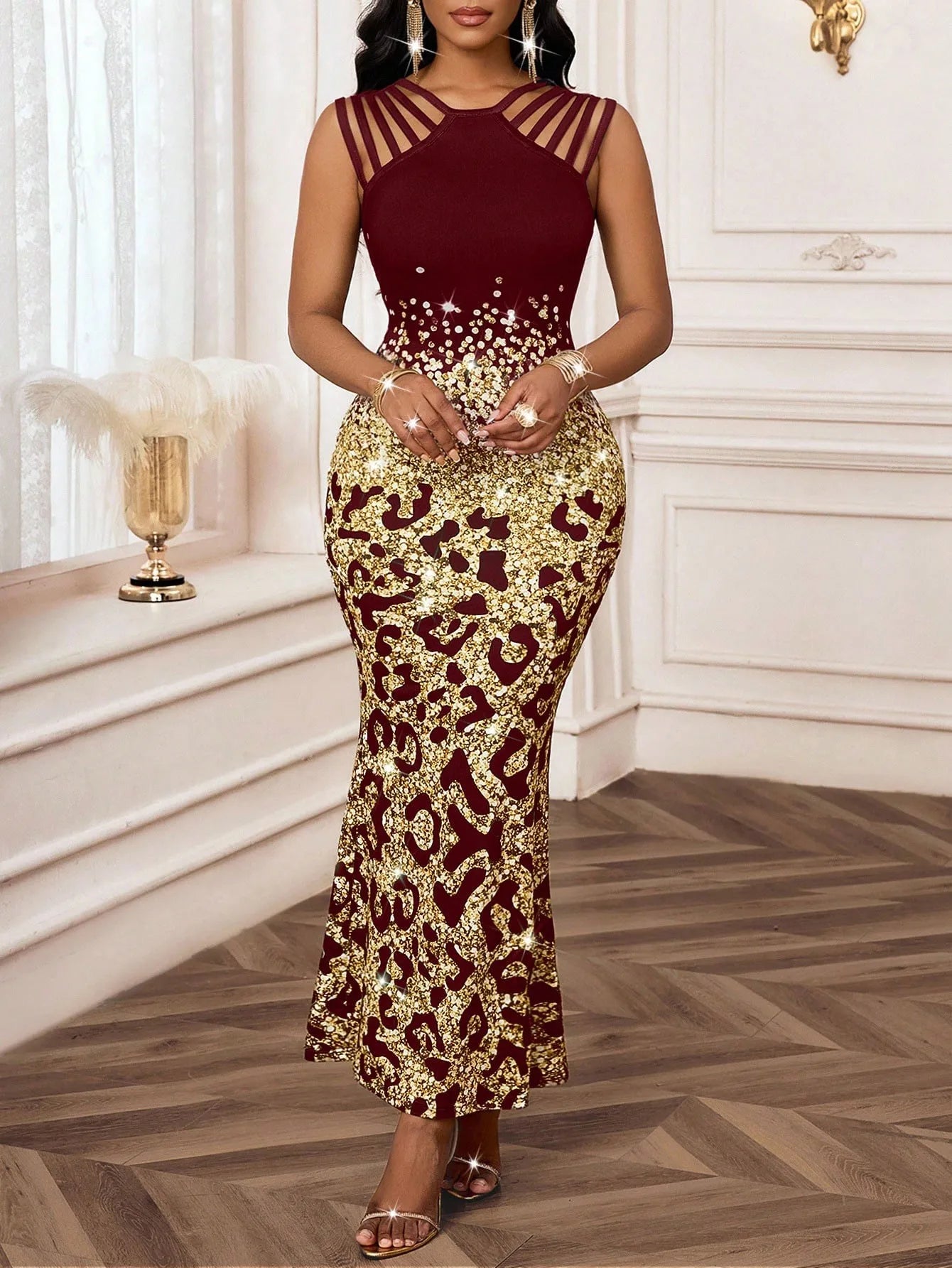 Women's Elegant Knitted Printed Dress Long Sleeve V-Neck Floor-Length Maxi Dress for Special Occasions