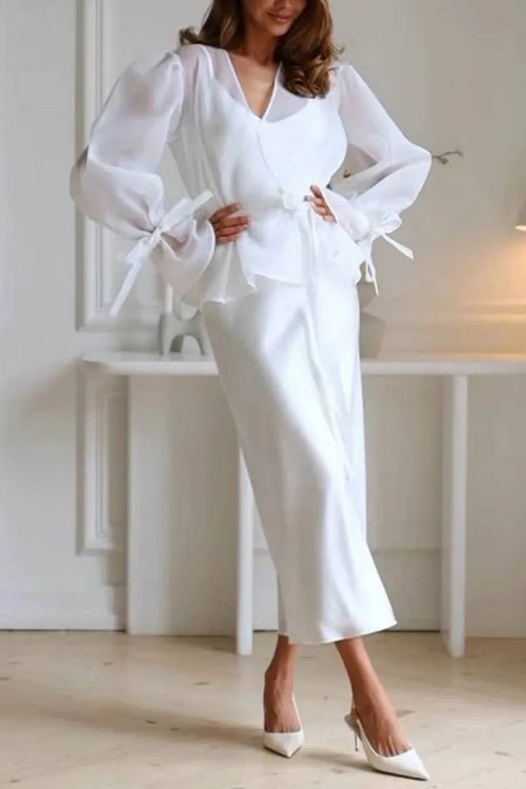 Chiffon Shirt & Satin Skirt Set