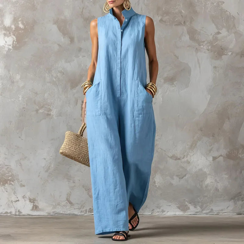 Sleeveless Stand Neck Loose Straight-Leg Maxi Jumpsuit with Pockets