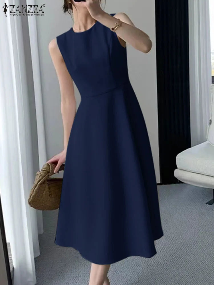 ZANZEA Women Sleeveless Pleated Dress 2025 Summer Korean A-line Tank Evening Dress Elegant Swing Vestido Vintage Party Long Robe