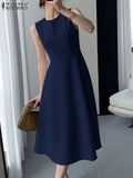 ZANZEA Women Sleeveless Pleated Dress 2025 Summer Korean A-line Tank Evening Dress Elegant Swing Vestido Vintage Party Long Robe