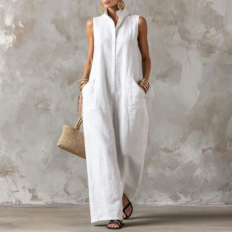 Sleeveless Stand Neck Loose Straight-Leg Maxi Jumpsuit with Pockets