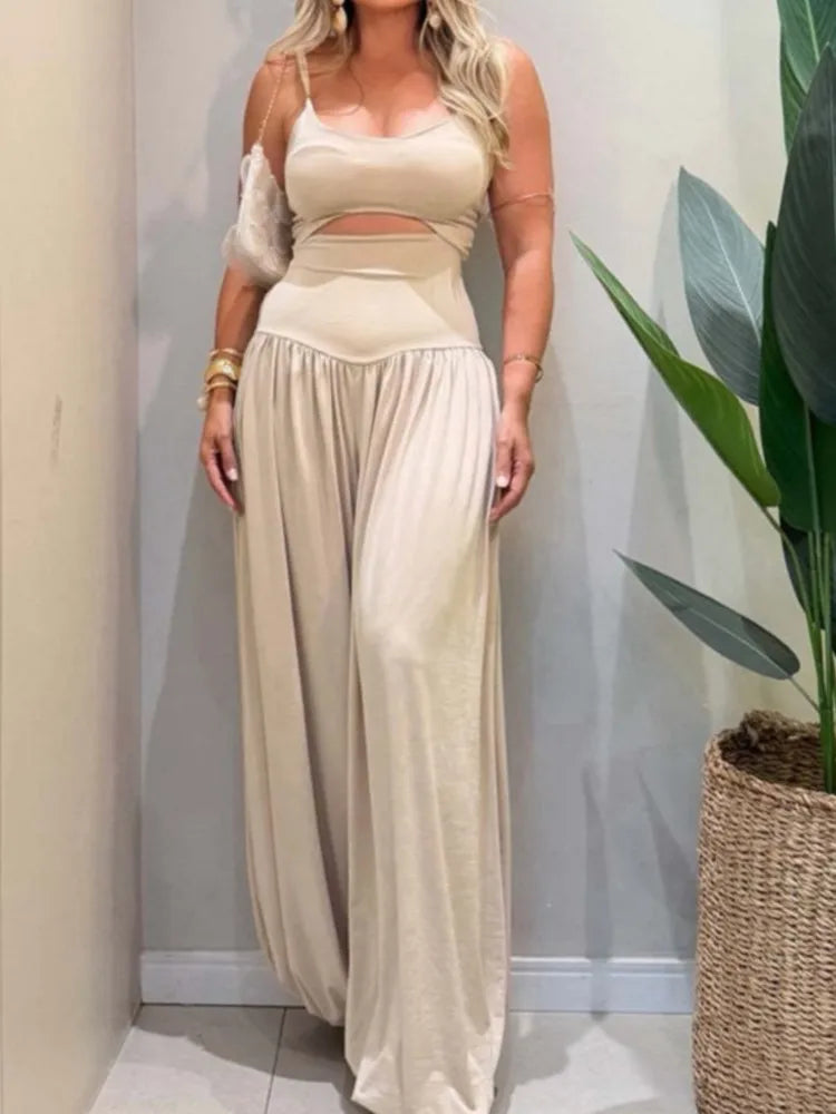 Cami Hollow-Out Waist Backless Tie-Back Slim Wide-Leg Jumpsuit