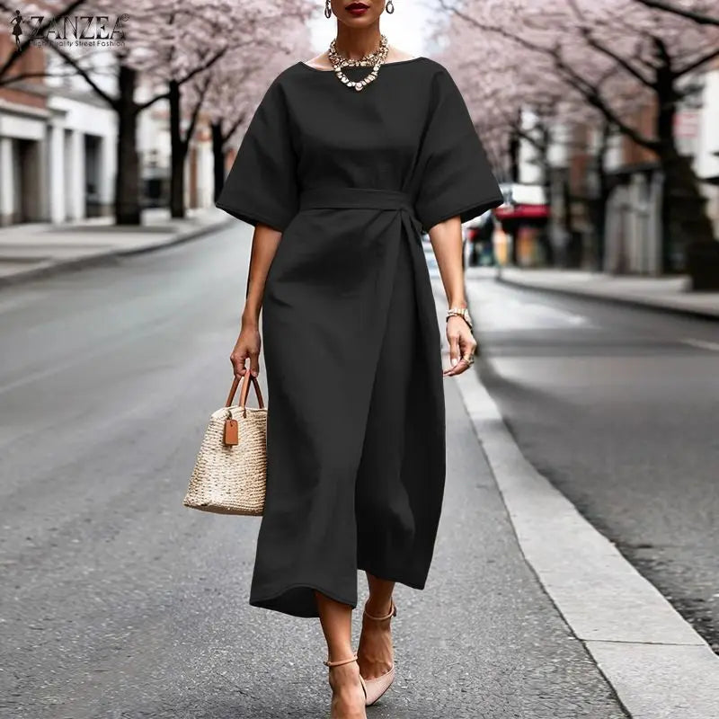 ZANZEA Women Dresses Trend 2026 Summer Elegant Slash Neck Half Sleeve Sudress Stylish Solid Work Dress A Line Belted Midi Robe