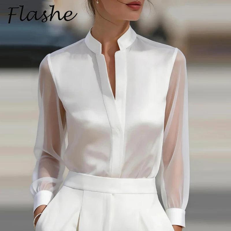 Mesh See Through Fashion Shirts Women Loose V Neck Silk Shirt Women Long Sleeve Blouses White Black Red Pullover Office Tops