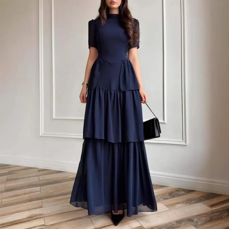 Tiered Pleated Round-Neck Midi Dress