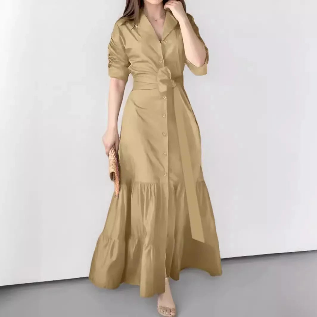 Spring and Summer Women's Shirt Dress Suit Collar Fashion Button Belt Bow High Waist Slim and Elegant Office Skirt
