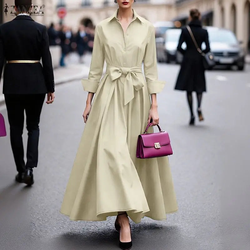 ZANZEA Elegant Lapel Neck Long Sleeve OL Dress Fashion Women Dresses 2026 Spring Solid Belted Robe Stylish A Line Work Sundress