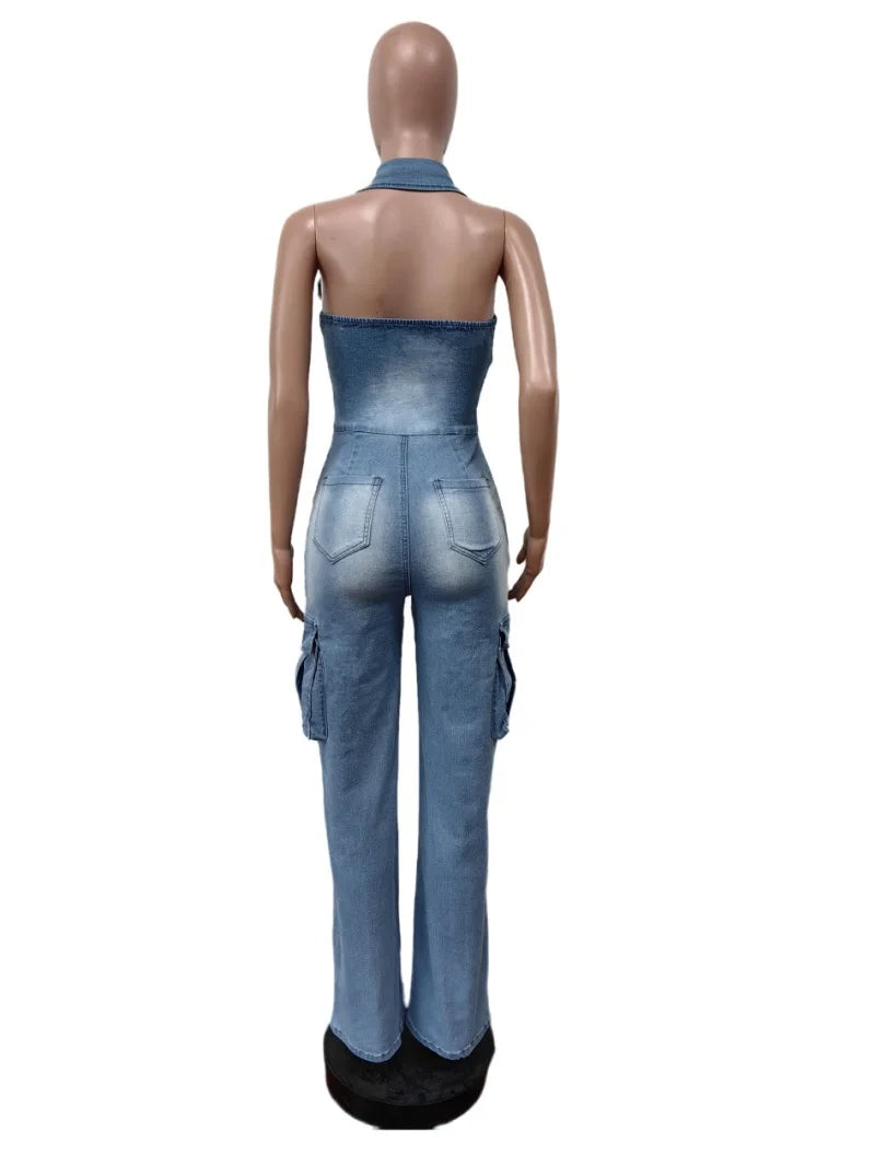 Fashion Denim Cargo Jumpsuits Summer Clothing Women 2026 Sleeveless Backless Straight Jeans Rompers One Pieces Overalls Outfits