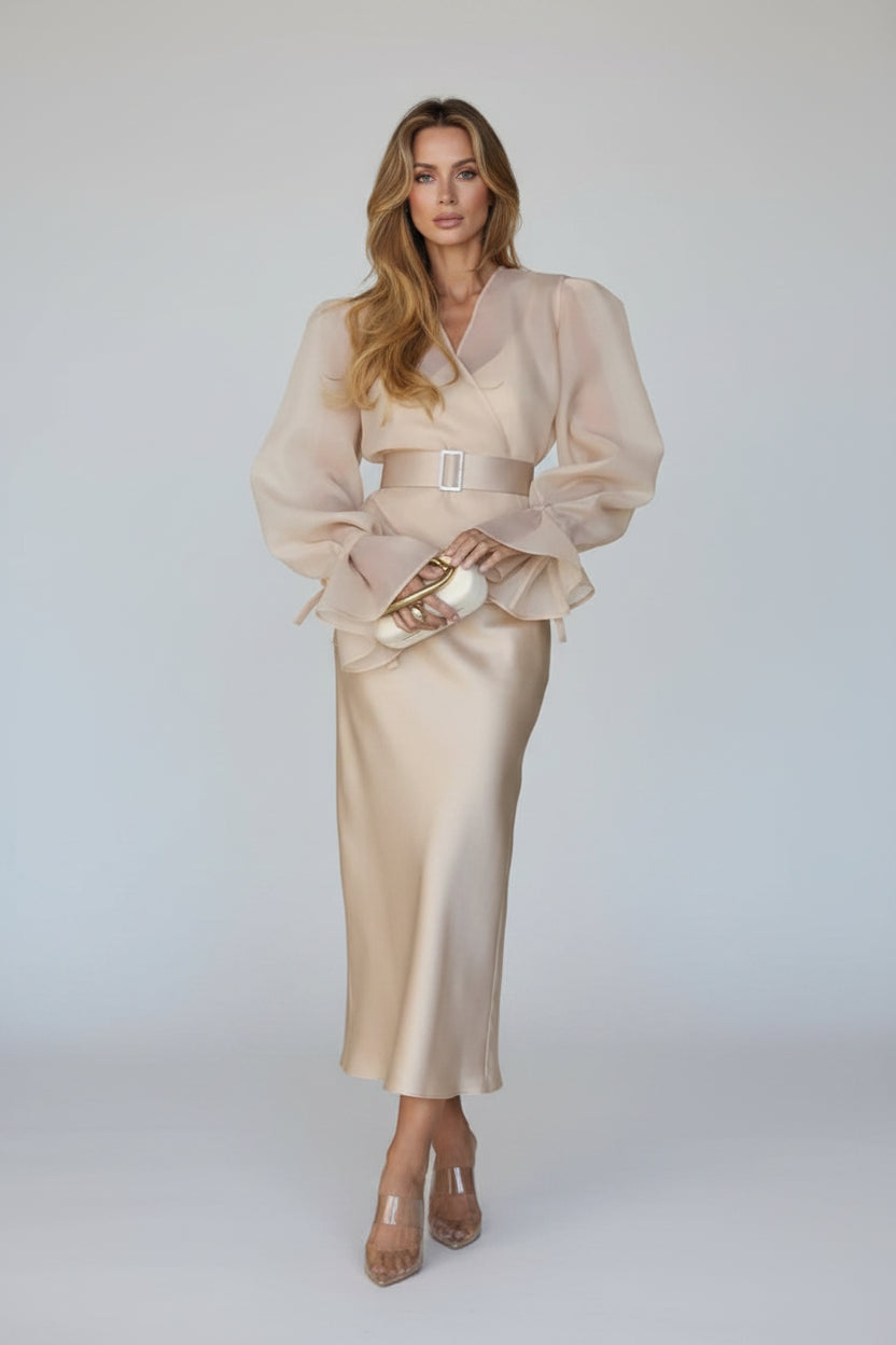 Chiffon Shirt & Satin Skirt Set