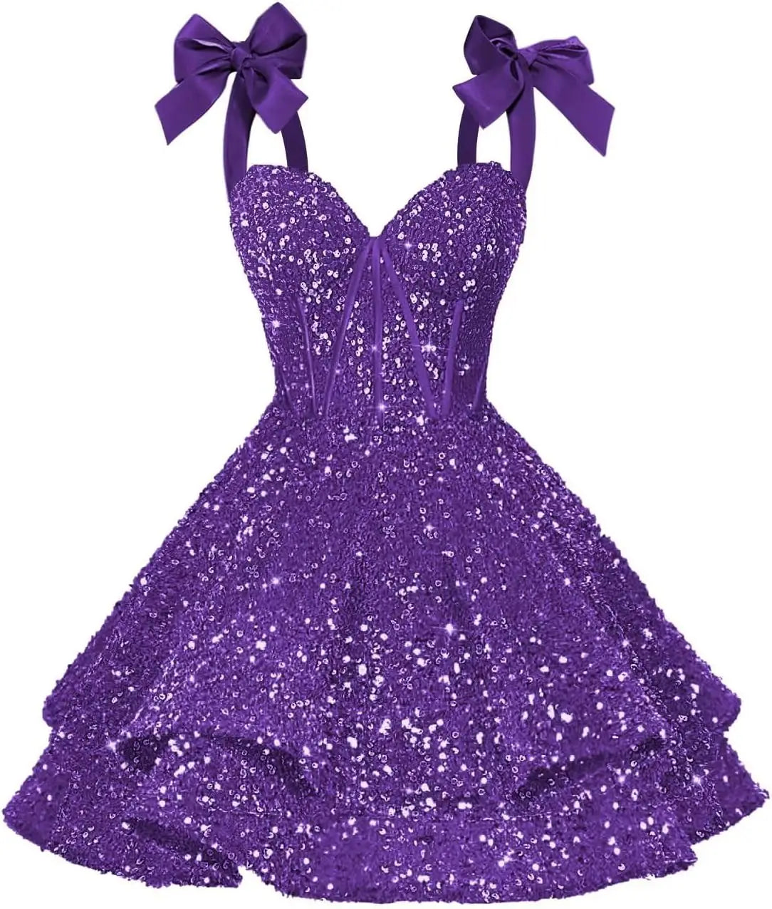 Sparkly Sequin Bows Homecoming Dresses 2026 Short Spaghetti Straps Tiered Satin Sweet Prom Cocktail Dress Graduation Dress