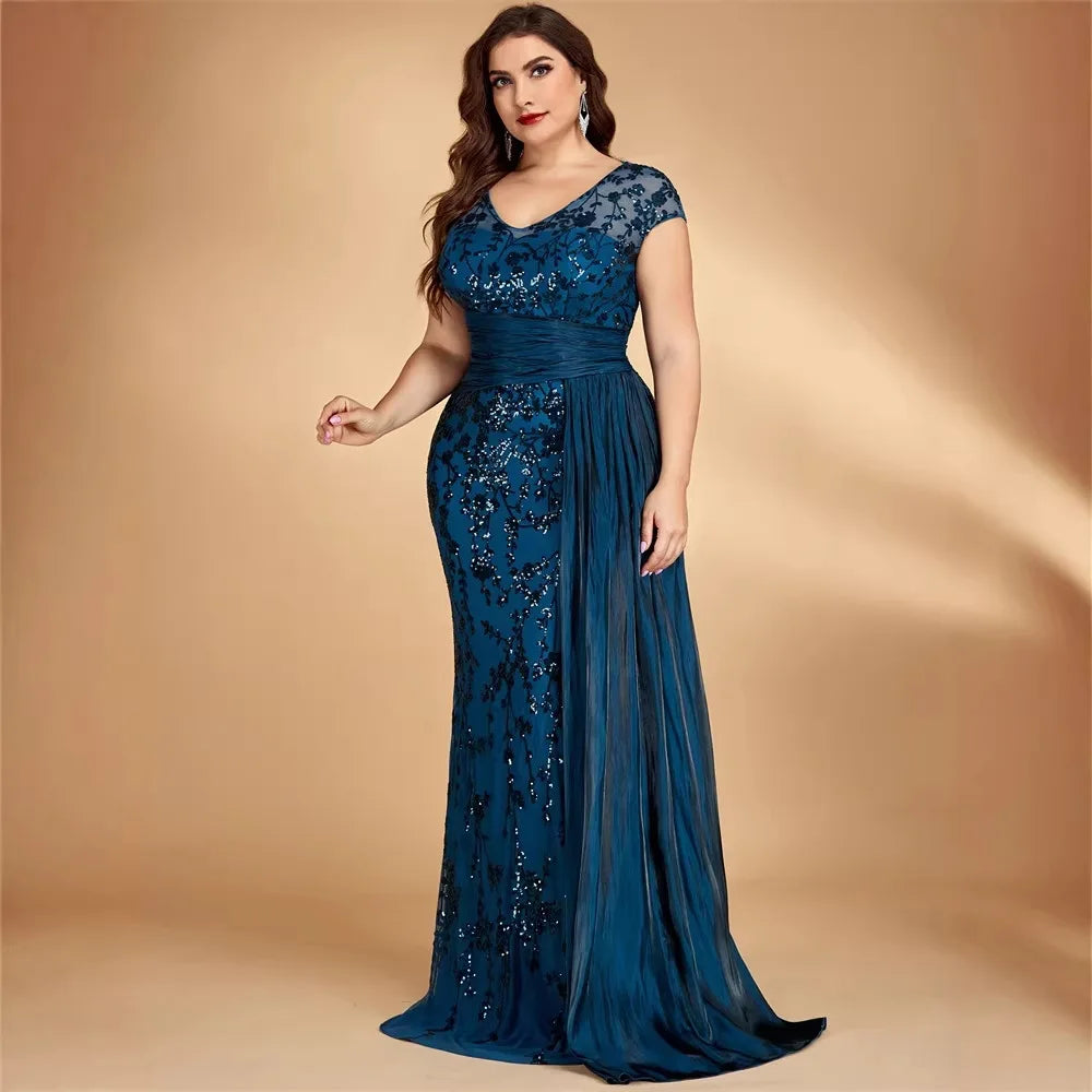 Elegant Beaded V-Neck Sleeveless Evening Dress Midi Skirt for Women Knitted Fabric Glitzy Sequin Party Ball Gown Mom Size