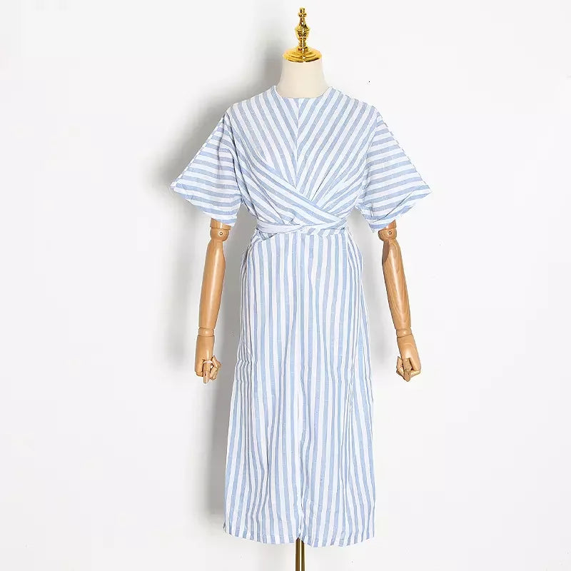 Summer Cotton Striped Pocket Split Long Dress For Woman Casual Office Lady Dresses Fashion Women's Clothing Robe Femme