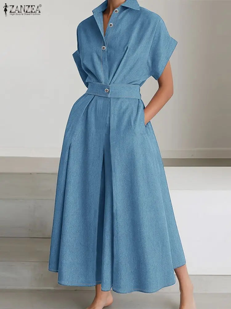 2026 Summer Denim Blue Dress ZANZEA Stylish Women High Waist Office Wear Sundress Short Sleeve Lape Neck Dresses Buttons Up Robe