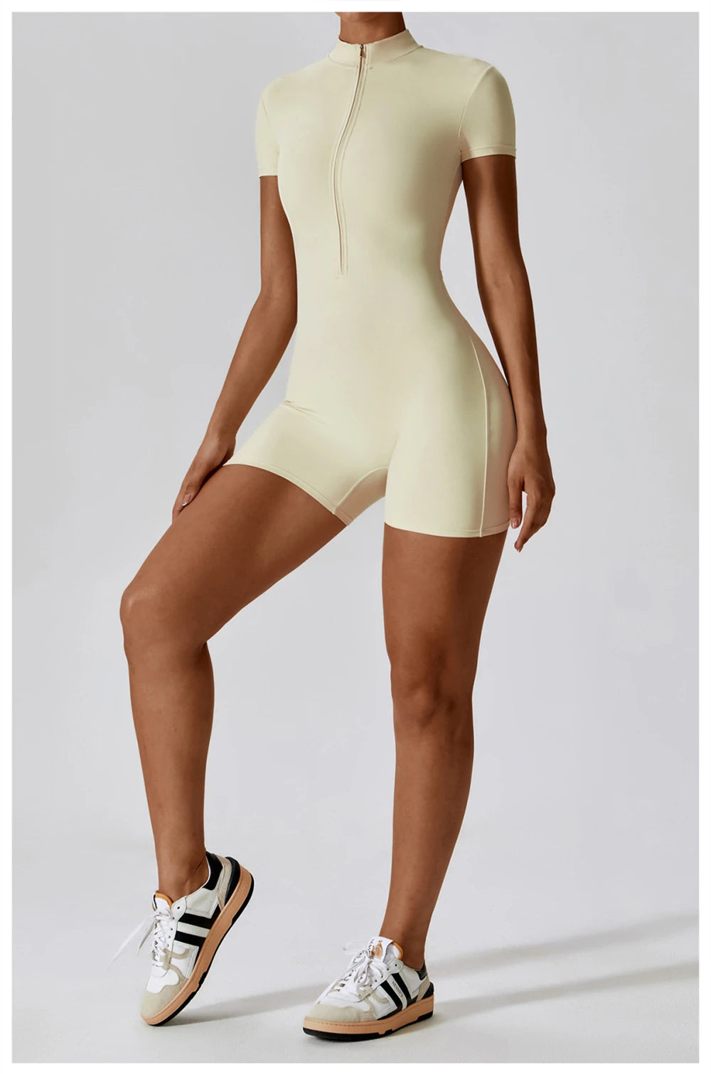 Short Sleeve Slim Fit Stretch Zip-Up Yoga Playsuit
