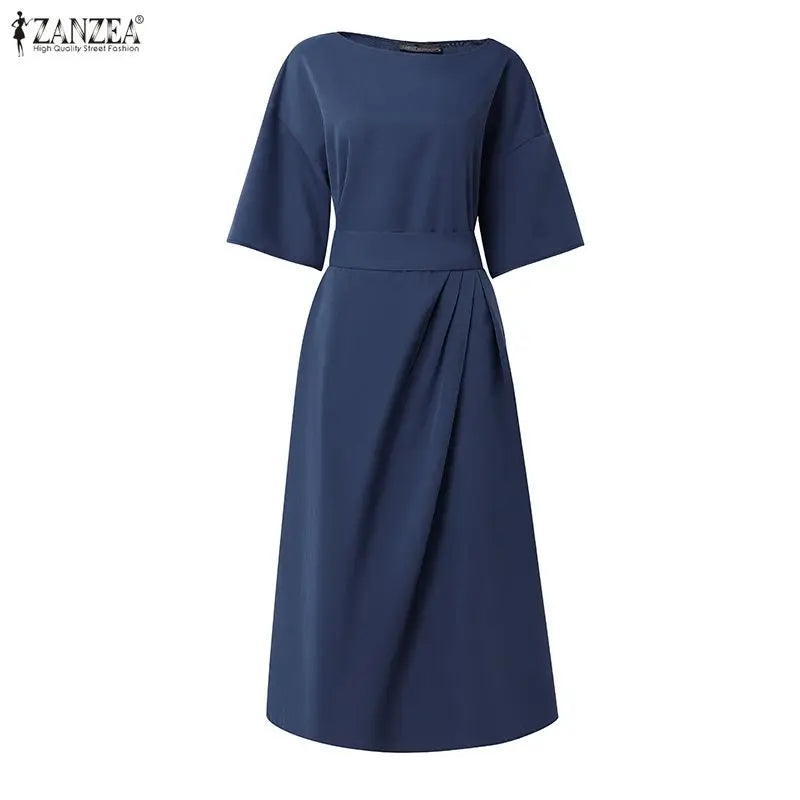 ZANZEA Women Dresses Trend 2026 Summer Elegant Slash Neck Half Sleeve Sudress Stylish Solid Work Dress A Line Belted Midi Robe