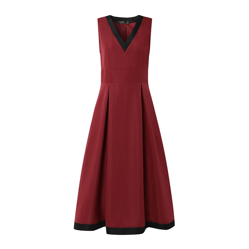 V-Neck Patchwork Waisted Midi Dress