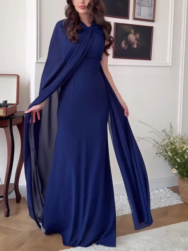 Elegant Women High Waist Banquet Dress Spring Summer New Chiffon Maxi Dress Lady Solid Color Slim Ribbon Ruched Evening Dress