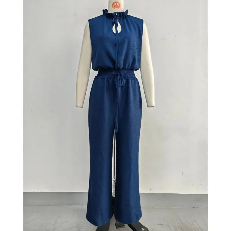 Vestidos Hollow Lace Wide-leg Trousers Jumpsuits Summer New Solid Color Loose Sleeveless Lace-up Waist Jumpsuit Set for Women