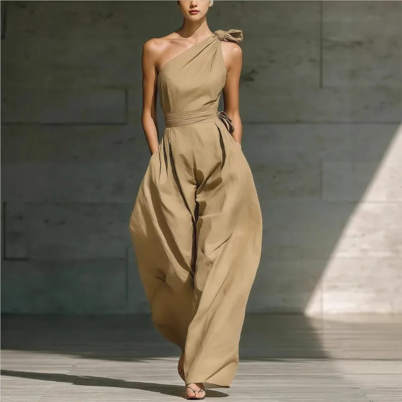 One-Shoulder Draped Lace-Up Wide-Leg Jumpsuit