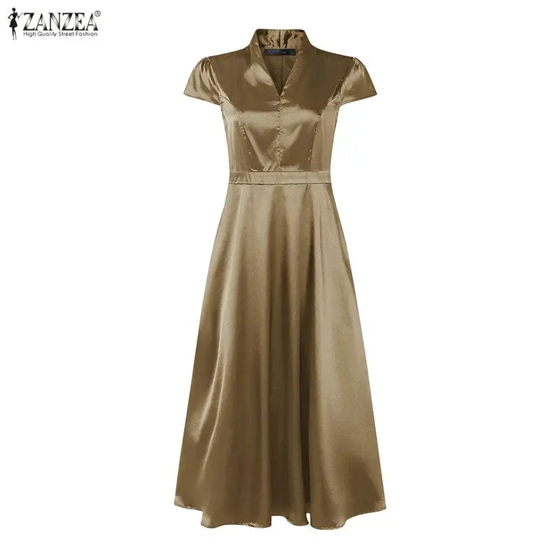 ZANZEA Women Silky Satin Midi Dress V-Neck Short Sleeve Cinch Waist A-Line Dresses Minimalist Commute Party Vestidos de Mujer