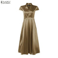 ZANZEA Women Silky Satin Midi Dress V-Neck Short Sleeve Cinch Waist A-Line Dresses Minimalist Commute Party Vestidos de Mujer