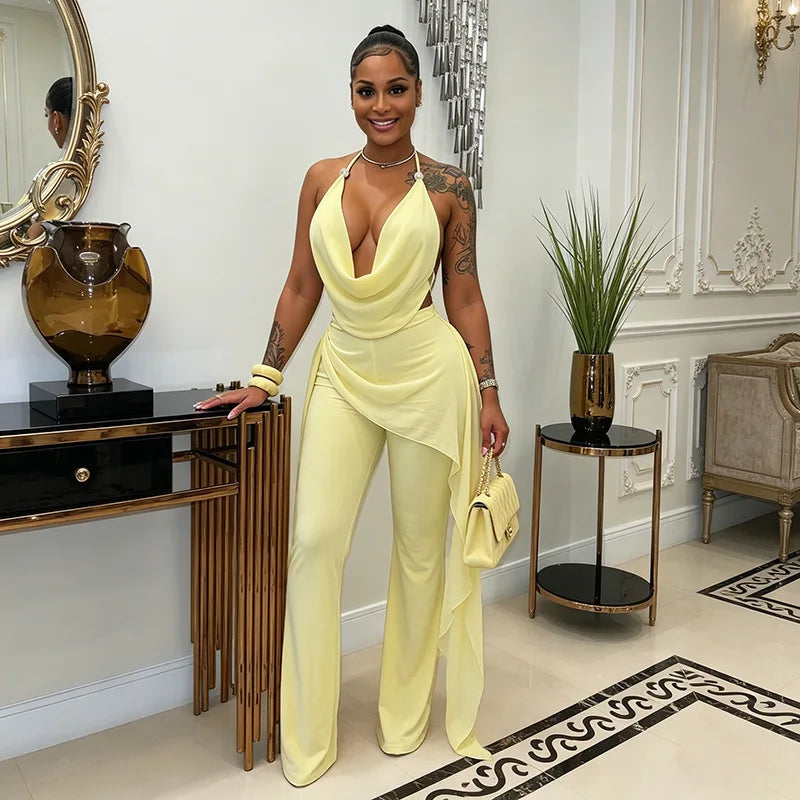 Halter V-Neck Backless Bodycon Chiffon Jumpsuit