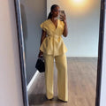 V-Neck Lace-Up Top & Wide Leg Pants Set