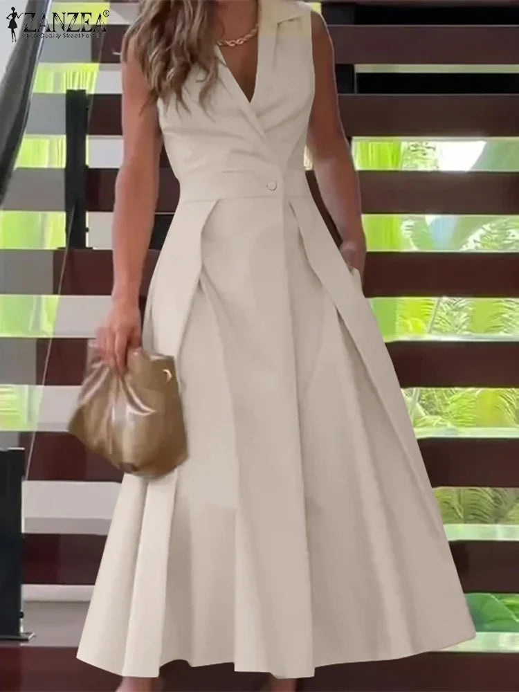 ZANZEA Commute Fashion Midi Dress Summer Lapel Neck Elegant Cinched Waist Pleated Dresses Women Soild Color A-line Vestidos