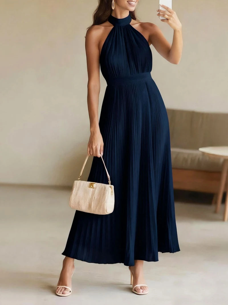 Square Neck Draped Pleated Maxi Dress