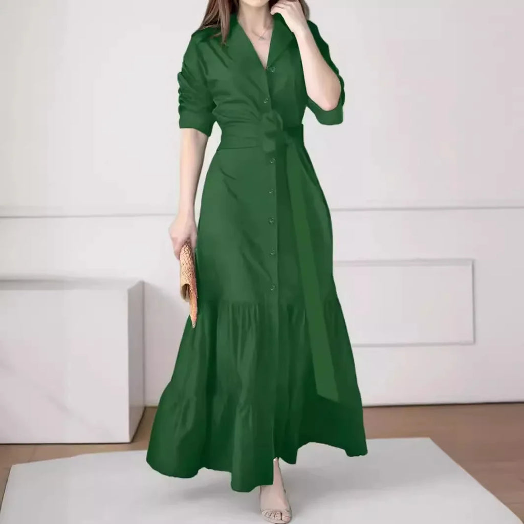 Spring and Summer Women's Shirt Dress Suit Collar Fashion Button Belt Bow High Waist Slim and Elegant Office Skirt