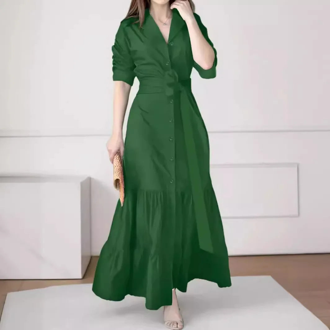 Spring and Summer Women's Shirt Dress Suit Collar Fashion Button Belt Bow High Waist Slim and Elegant Office Skirt
