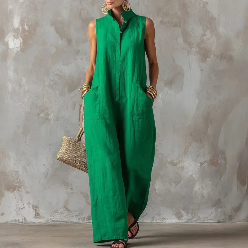 Sleeveless Stand Neck Loose Straight-Leg Maxi Jumpsuit with Pockets