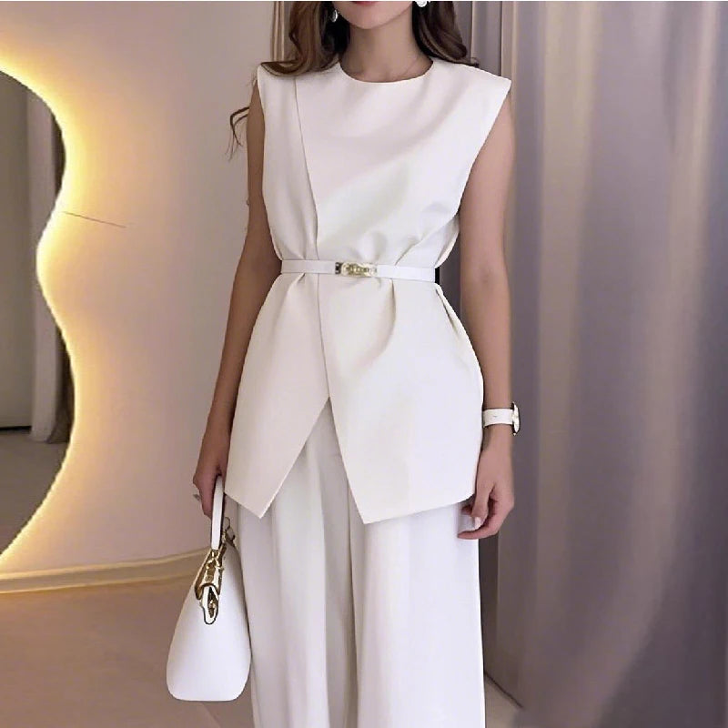 Krisstargirls 2025 New Woman Elegant Vest shirts with Belt Summer Sleeveless O-neck Trendy Office Ladie Blouse Women Clothing