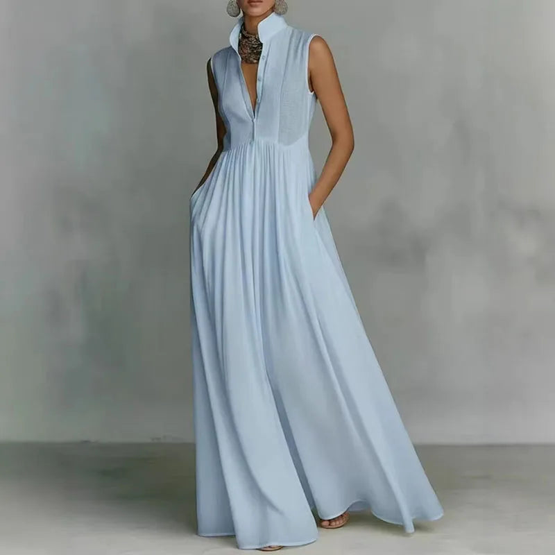 Bohemian Stand Collar Button Maxi Shirt Dress Woman Elegant High Waist Solid Party Dress Spring Summer Sleeveless Casual Dresses