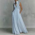 Bohemian Stand Collar Button Maxi Shirt Dress Woman Elegant High Waist Solid Party Dress Spring Summer Sleeveless Casual Dresses