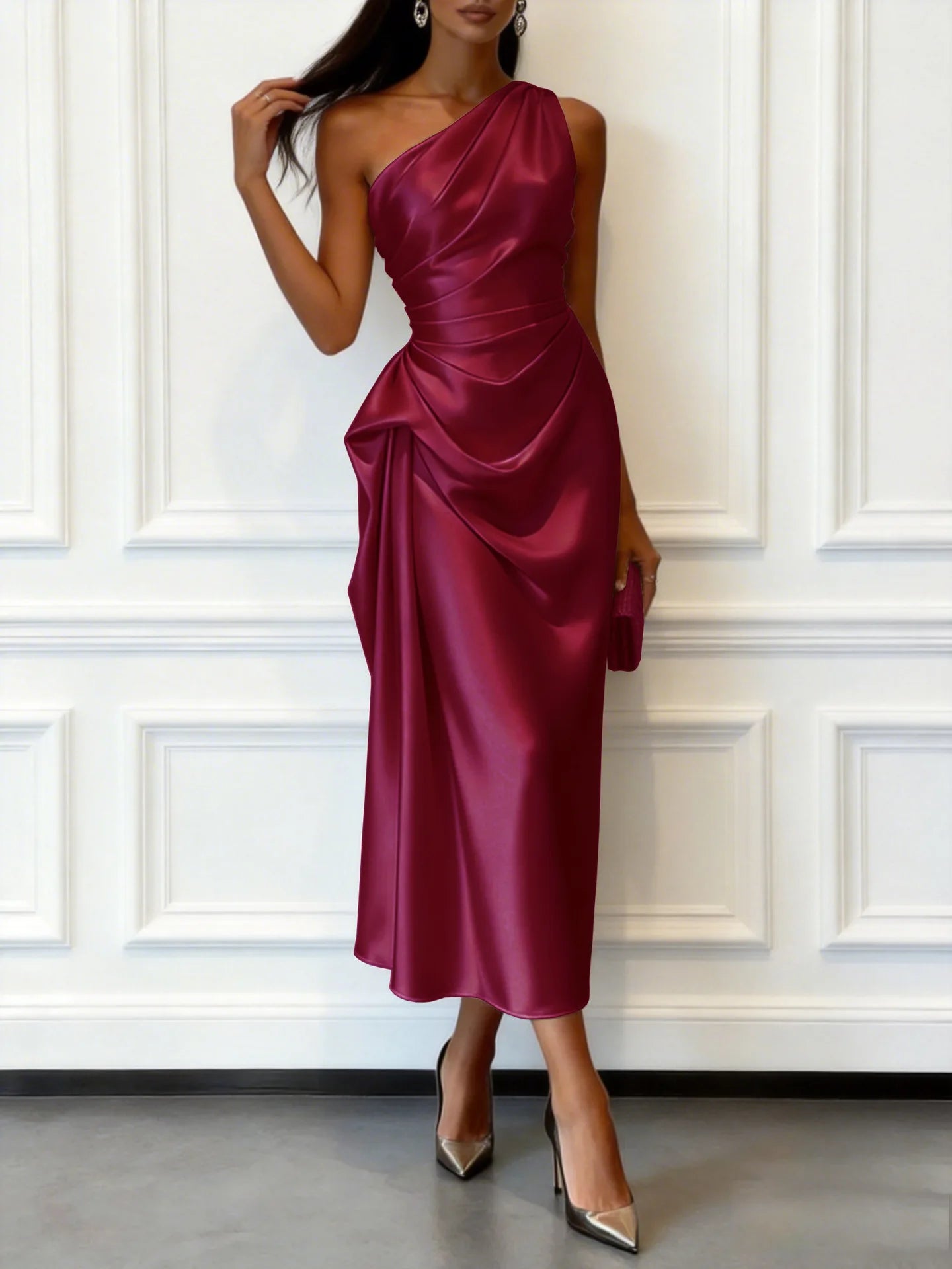 Satin One-Shoulder Ruched Midi Dress – Sleeveless, Elegant