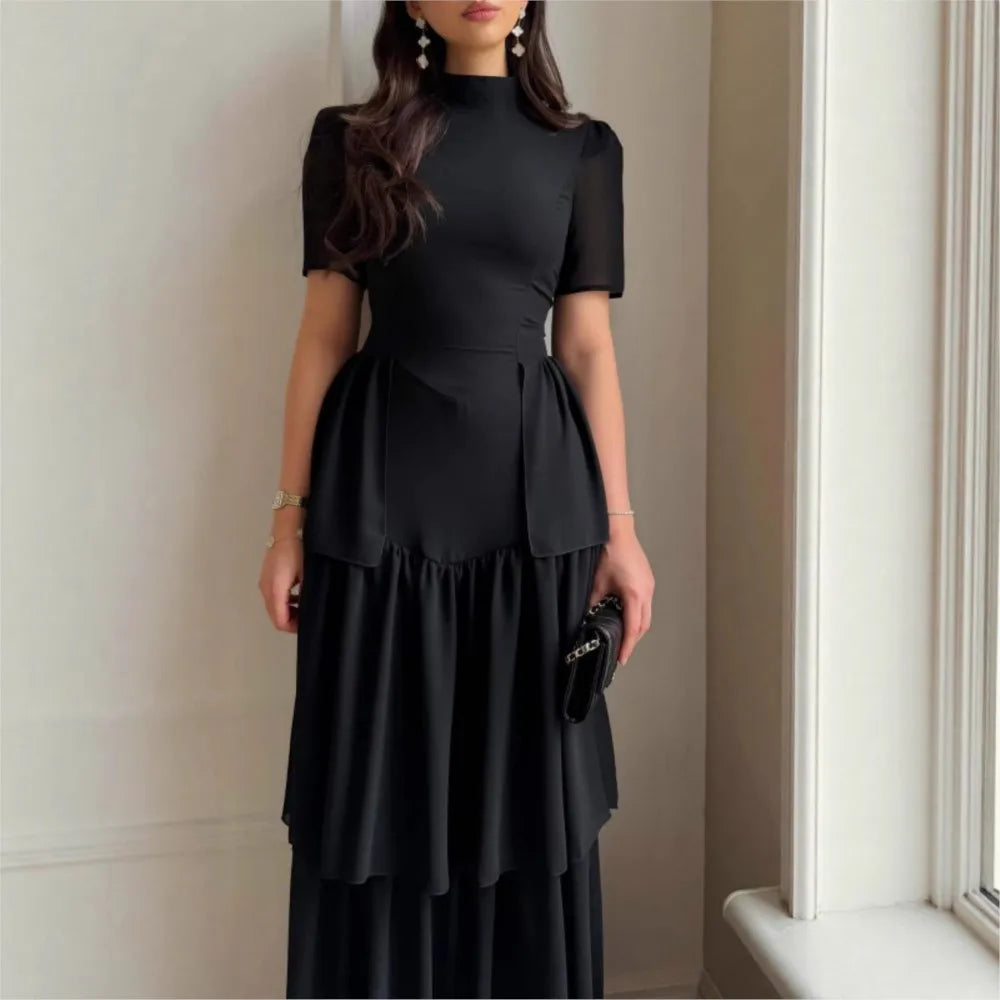 Tiered Pleated Round-Neck Midi Dress