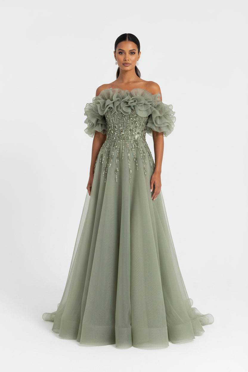 Off-Shoulder Floral Tulle A-Line Prom Gown – Beaded & Embroidered