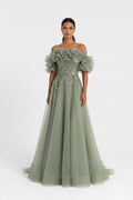 Off-Shoulder Floral Tulle A-Line Prom Gown – Beaded & Embroidered