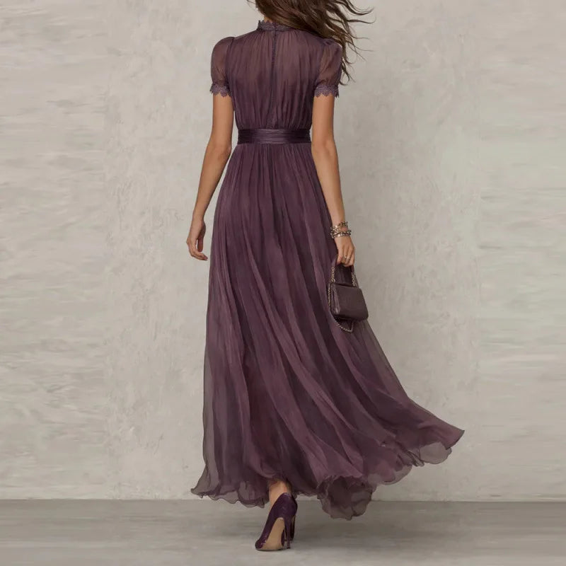 V-Neck Ruffle Cinched Waist Flowy A-Line Maxi Dress