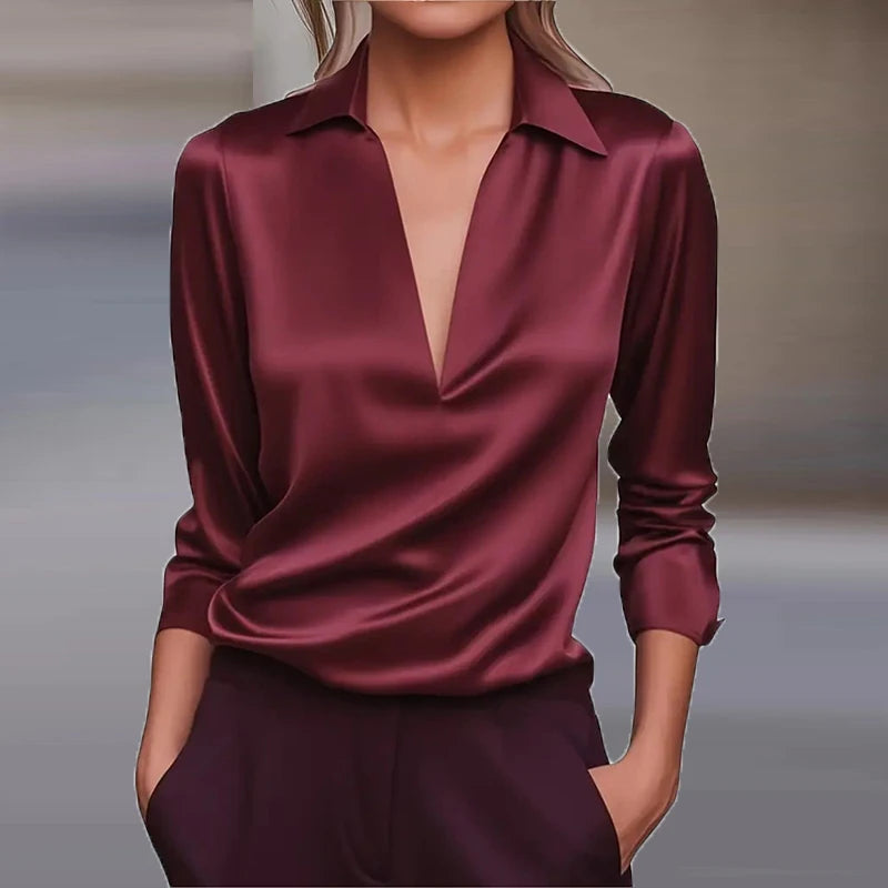 Loose V-Neck Long Sleeve Solid Broadcloth Blouse